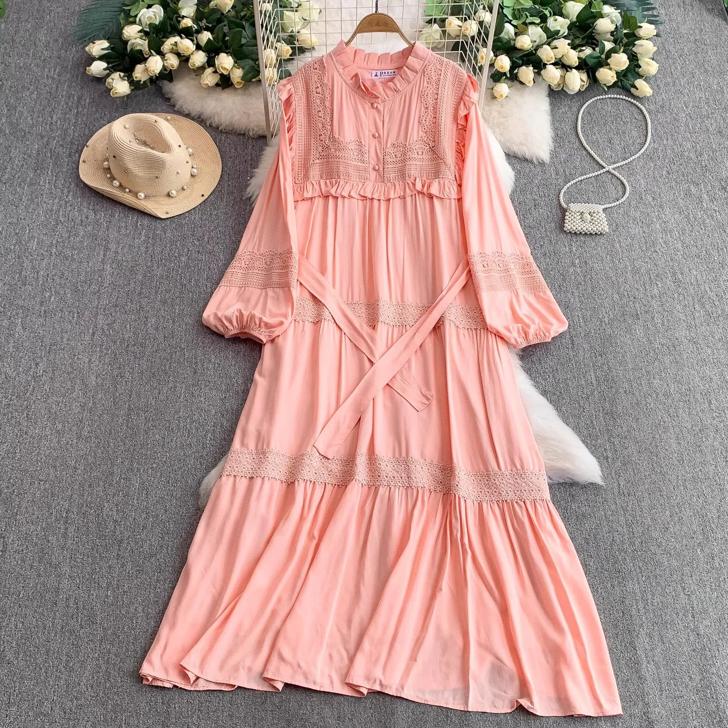 

Ruffled Round Neck Long-sleeved Dress Women Summer Waist Lace Embroidery Elegant Long Dresses Boho Casual Holiday Beach Dress