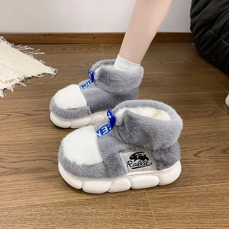 

Rabbit Cotton Slippers Men Winter Warm Shoes Plush Lining Indoor Slipper Couple Platform High Top Snow Boots Male Home Slipper