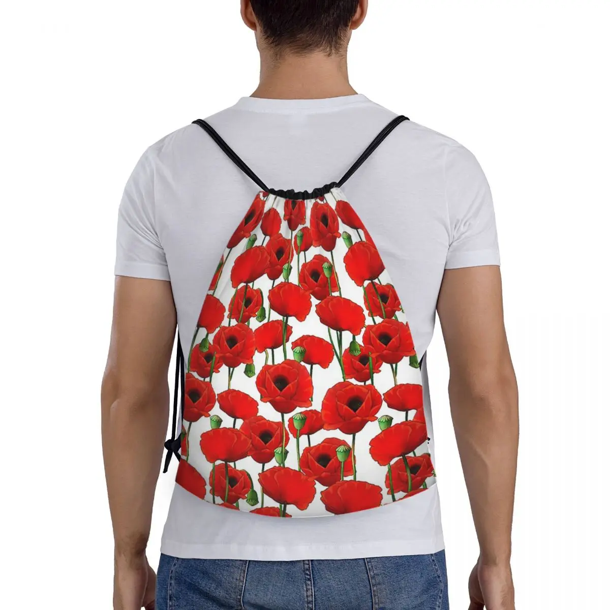 

Poppy Pattern Backpacks Fashion Portable Drawstring Bags Sports Bag Book Bags For Travel School