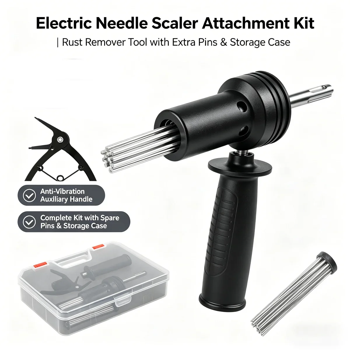 

SDS Plus Needle Scaler for Electric Hammer 18 Needles 3mm Rust Paint Remover Concrete Scabbler Tool Kit with Case Pliers