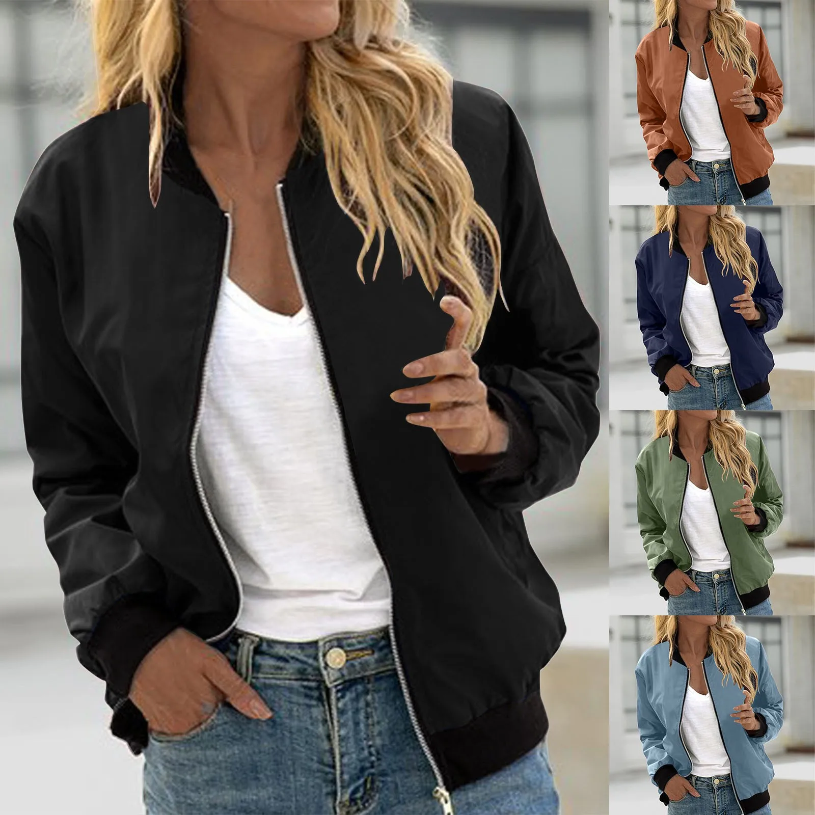 Chaqueta Bomber básica de manga larga para mujer, abrigo informal de Color liso, ropa de calle, Tops de primavera y otoño