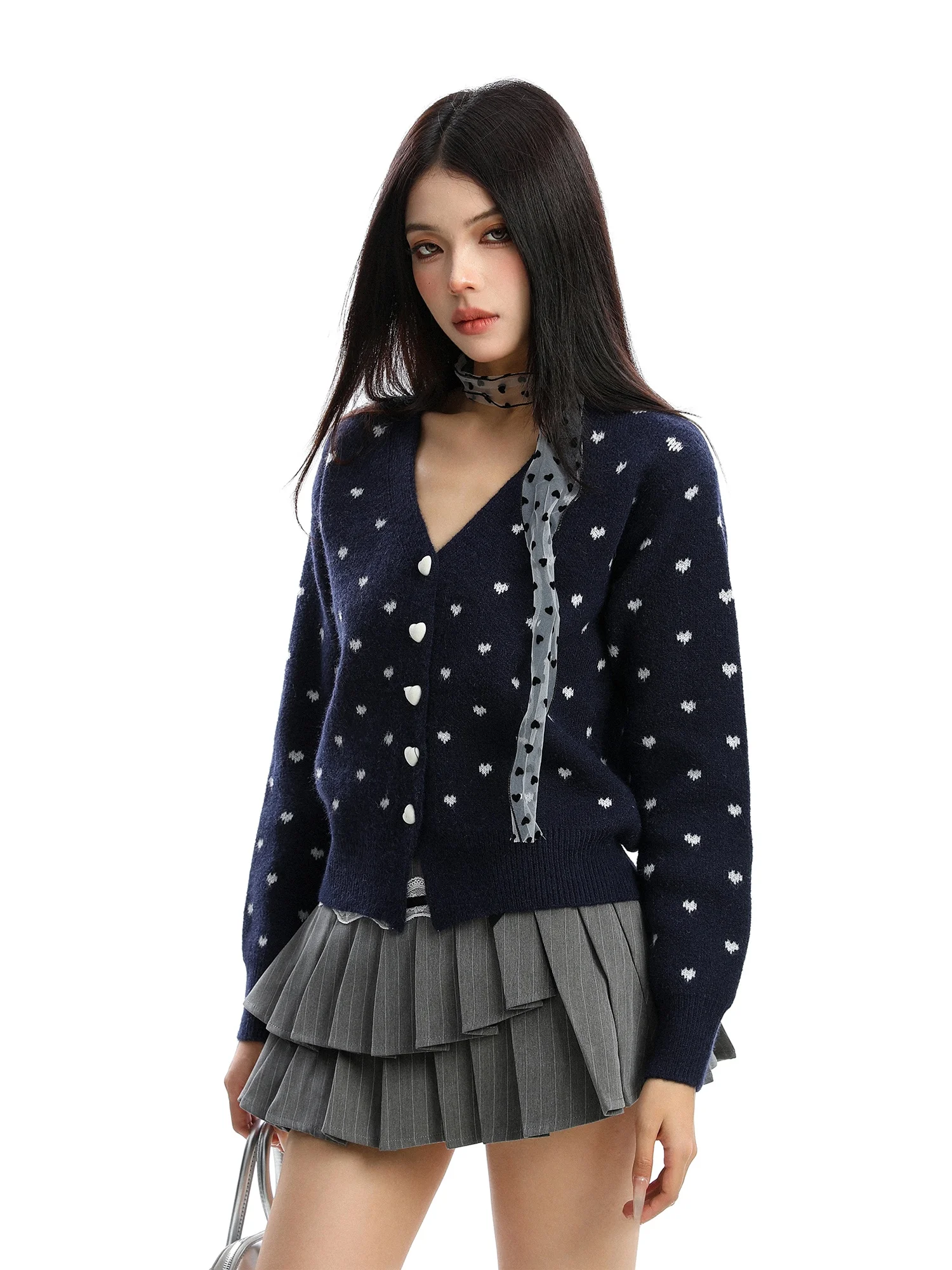 

Korean Sle V-Ne Lace ort Knit Sweater Women's Autumn Winter Heart Print Warmth Faion Commute Slim Fit Long Sve Top