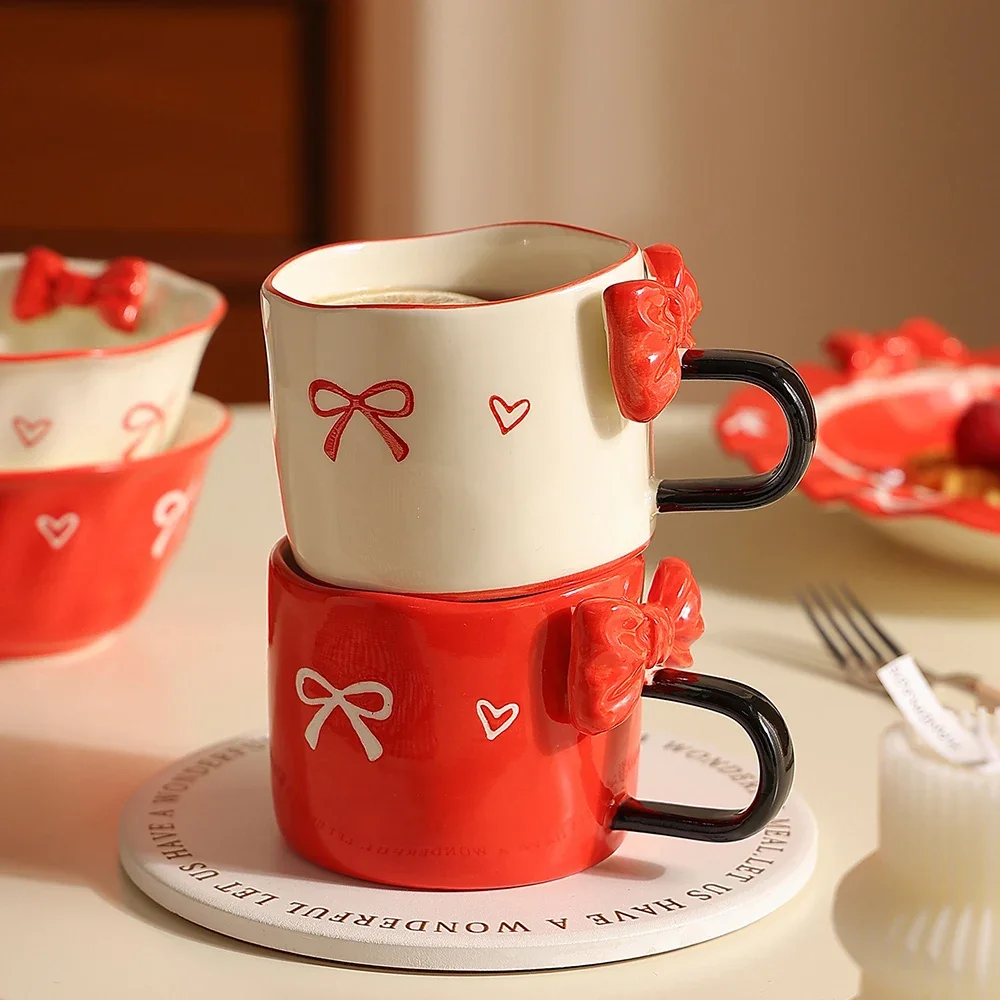 Creative Bow Flower Edge Ceramic Bowl Korean Style Ins Contrast Color Delicate Porcelain Dinnerware Breakfast Milk Oats Bowls