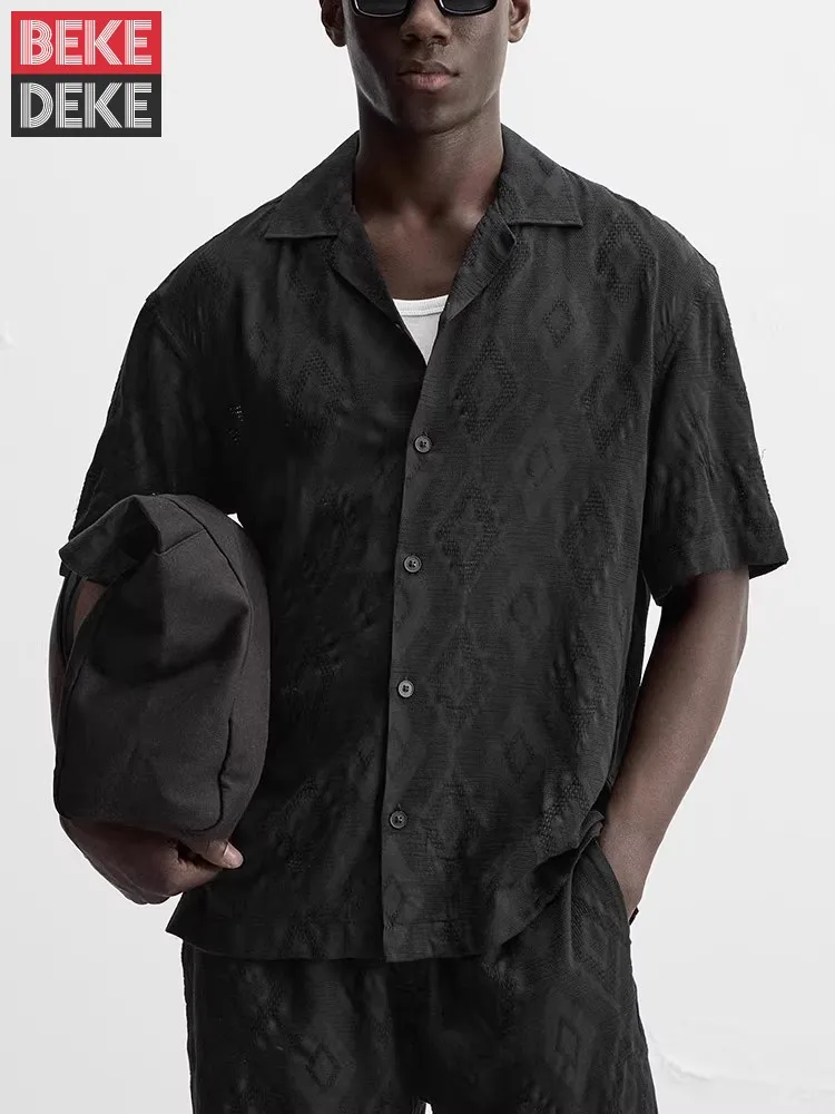 Mens Fashion Geometric Patterns Short Sleeve Shirt Straight Shorts Two Piece Sets Summer Streetwear Casual Matching Set Outfit