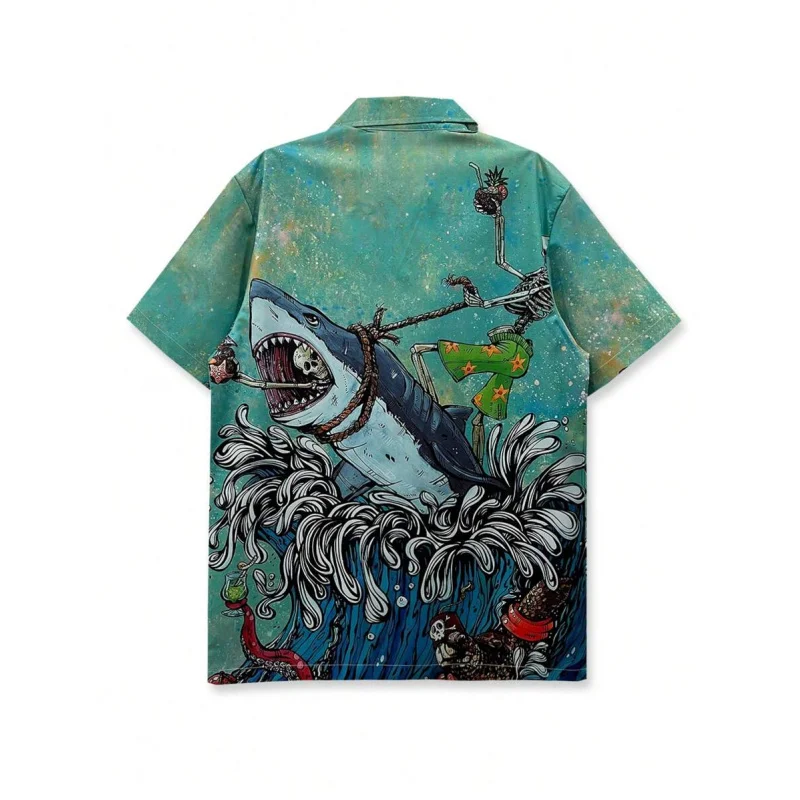 140g four-way stretch base shirt printed with cute and eccentric skull and shark cartoon design