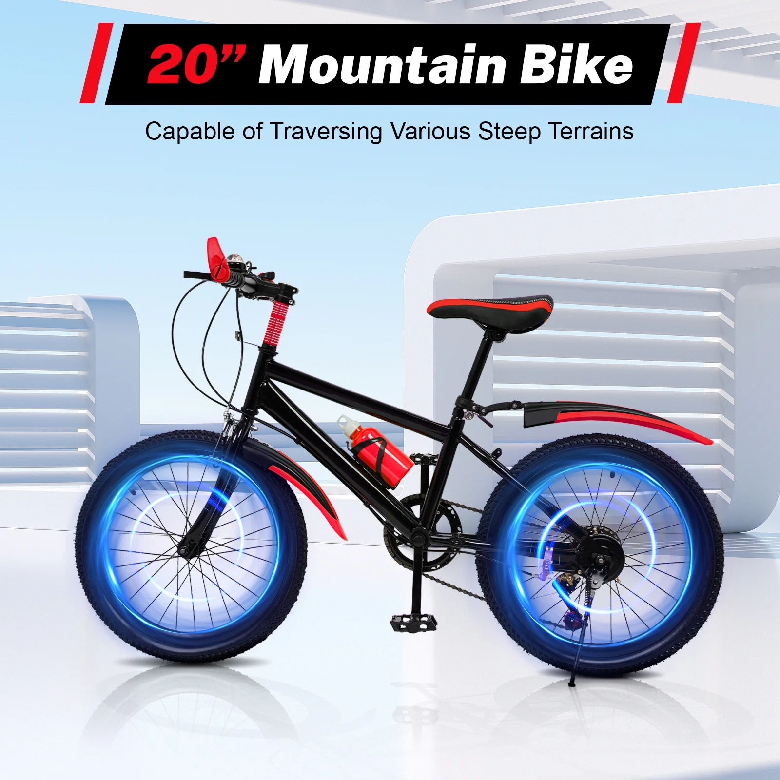 Bicicleta de montaña para niños de 20 pulgadas, bicicleta de acero al carbono con engranajes de 7 velocidades con asiento ajustable, guardabarros y soporte para hervidor de agua para edades de 5 a 12 años
