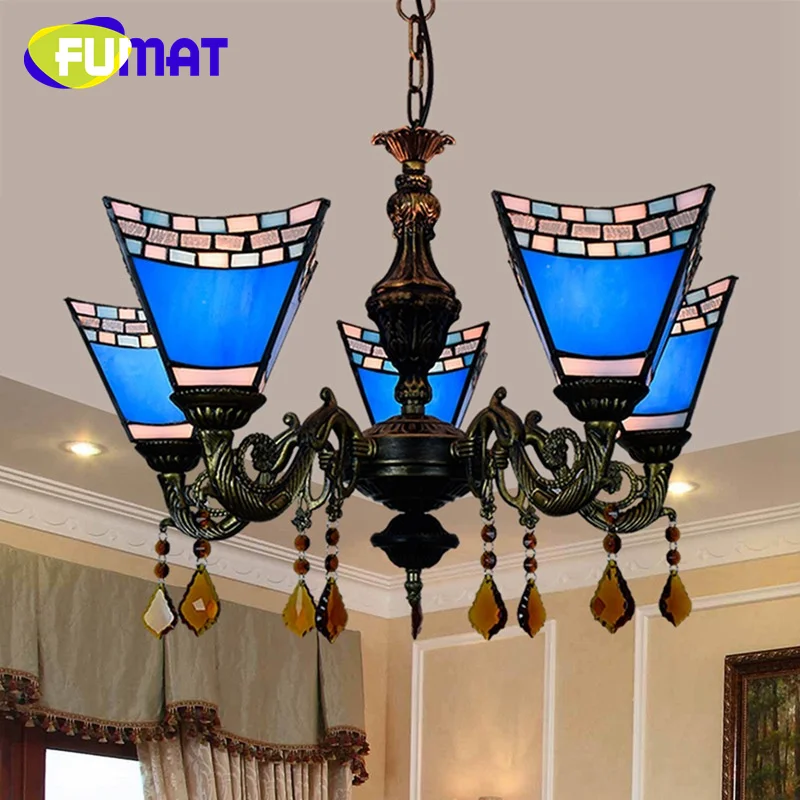 

FUMAT Tiffany style stained glass Creative Mediterranean Blue 5 head crystal chandelier Restaurant Bedroom hallway bar LED decor