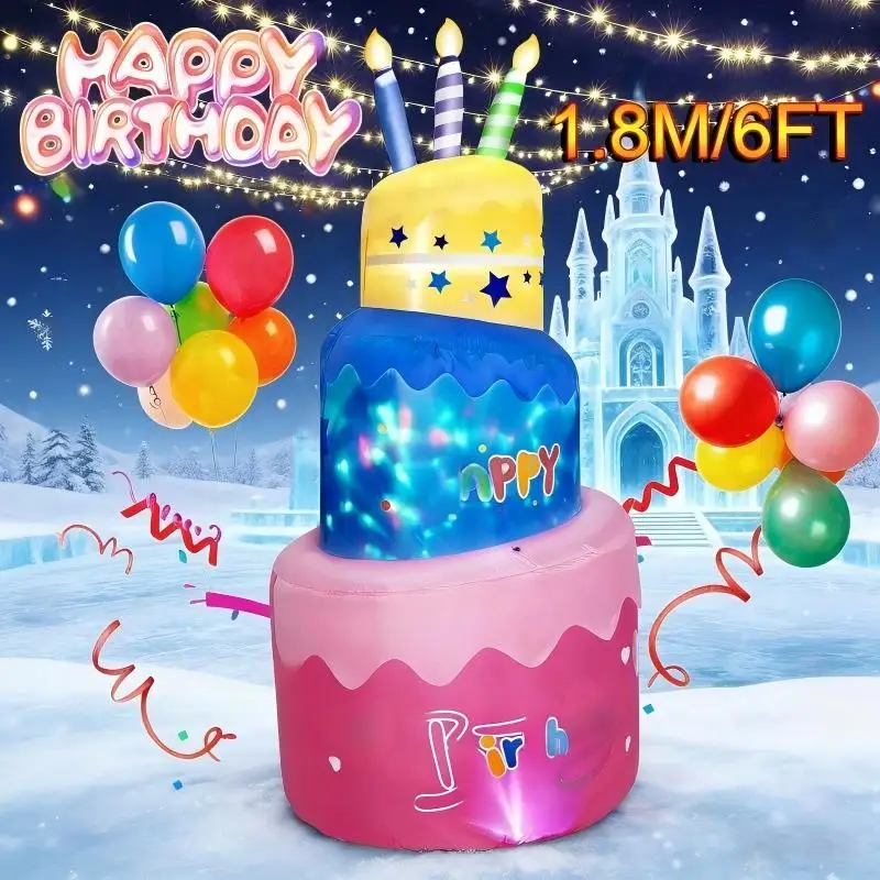 

1.8M/6FT Happy Birthday Inflatable Cake with Candles Birthday Party Inflatable Toys Outdoor Indoor Home Celebration Yard Decor