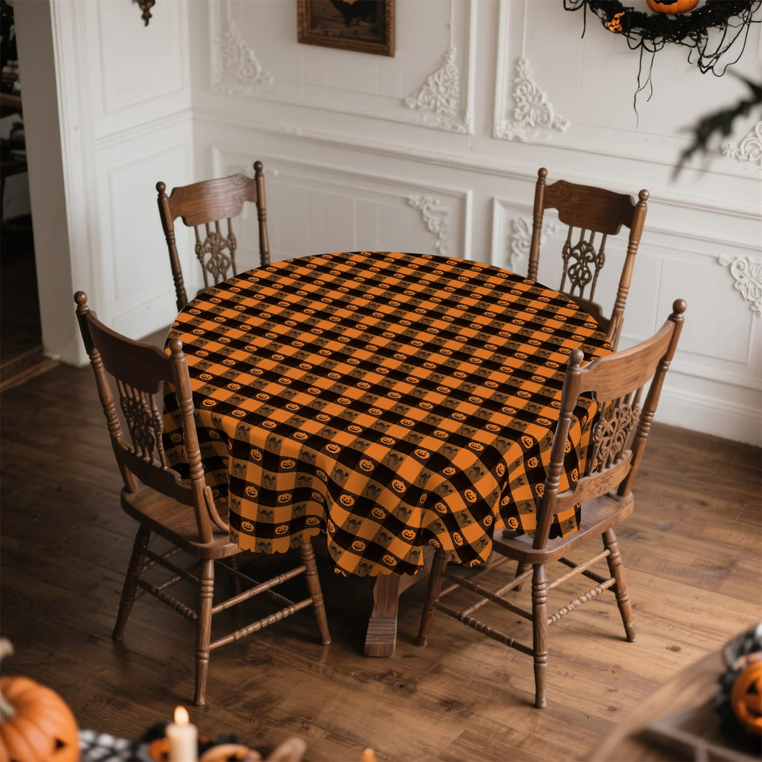 Halloween black cat jack-lantern plaid tablecloth for rectangular and round dining tables