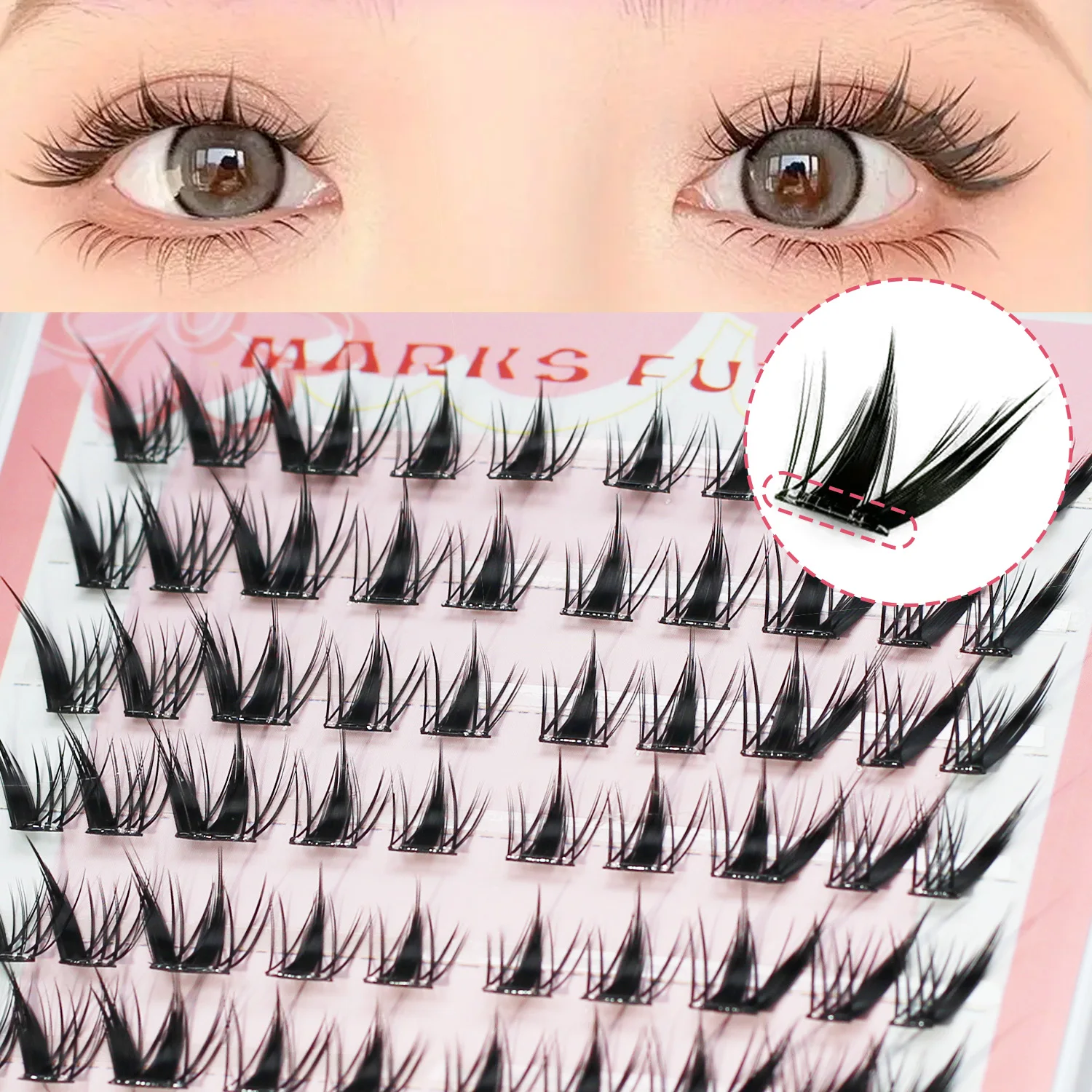 Self-Adhesive False Eyelashes, 10 Rows, 100 Clusters, C Curl, Individual Fox-Style, Natural and Thick, Single-Section, Pure Natural Look, for Home Use, Suitable for Beginners