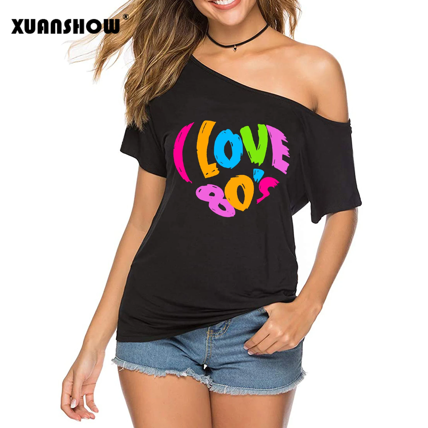 XUANSHOW 2024 Summer I Love 80s Heart Emotional Element T-shirt Sexy Off Shoulder Tops Short Sleeve Letters Printed Tee Shirt