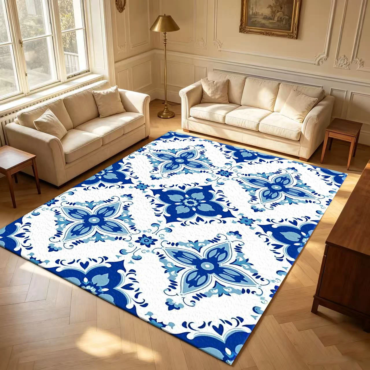 Blue White Portuguese Tile Floral Carpet Flooring Vintage Ceramic Pattern Floor Rug