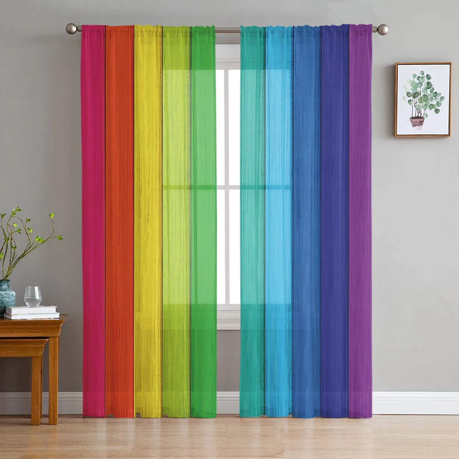 Rainbow Vintage Wood Grain Sheer Curtains for Bedroom Living Room Decoration Window Curtain Kitchen Tulle Voile Organza Drapes