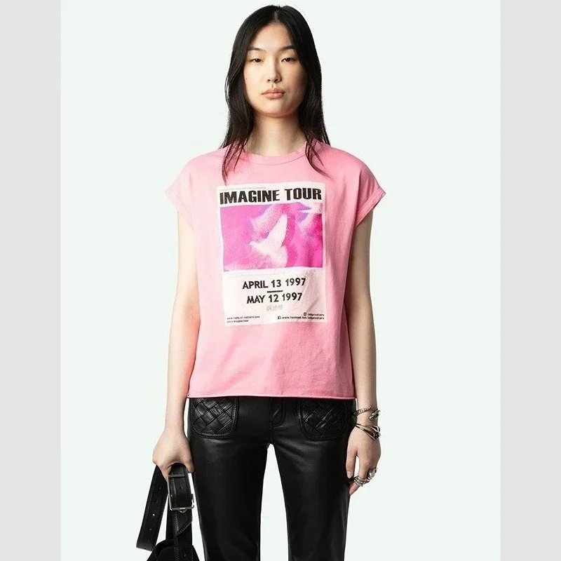 

25. летняя новая французская ниша ZV с белыми чернилами и цифровой печатью Peace White Dove Hot Diamond Pink, женская футболка с коротким рукавом