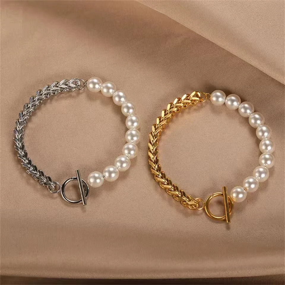 New 316L Stainless Steel Half Chain Pearl Bracelet for Women Men Keel Kpop Jewelry Accessories Aesthetic