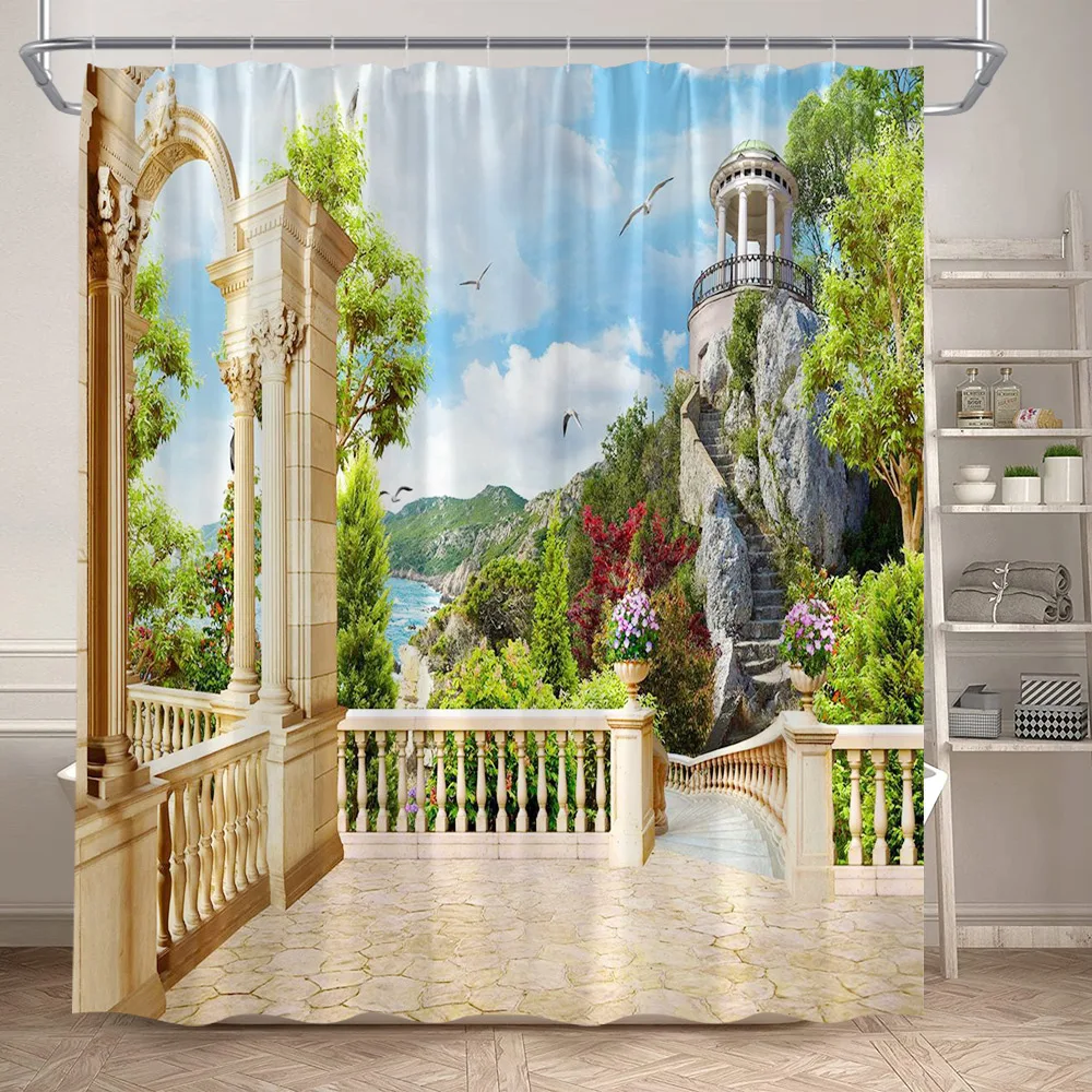 Island Landscape Shower Curtain Ocean Seaside Flower Plant Vintage Window Nature Scene Polyester Cloth Bathroom Decor With Hooks