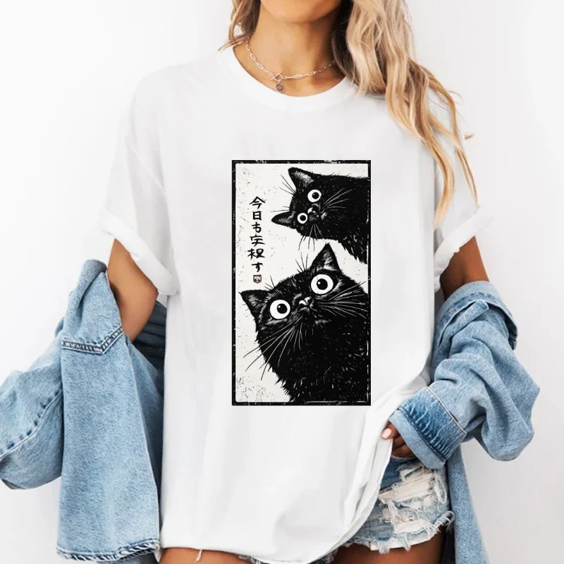 Japanese Cat T-Shirt Men Women Tokyo Aesthetic T Shirt Black Cat Tee Casual Cotton Short Sleeve Printed Tshirts Unisex Clothes