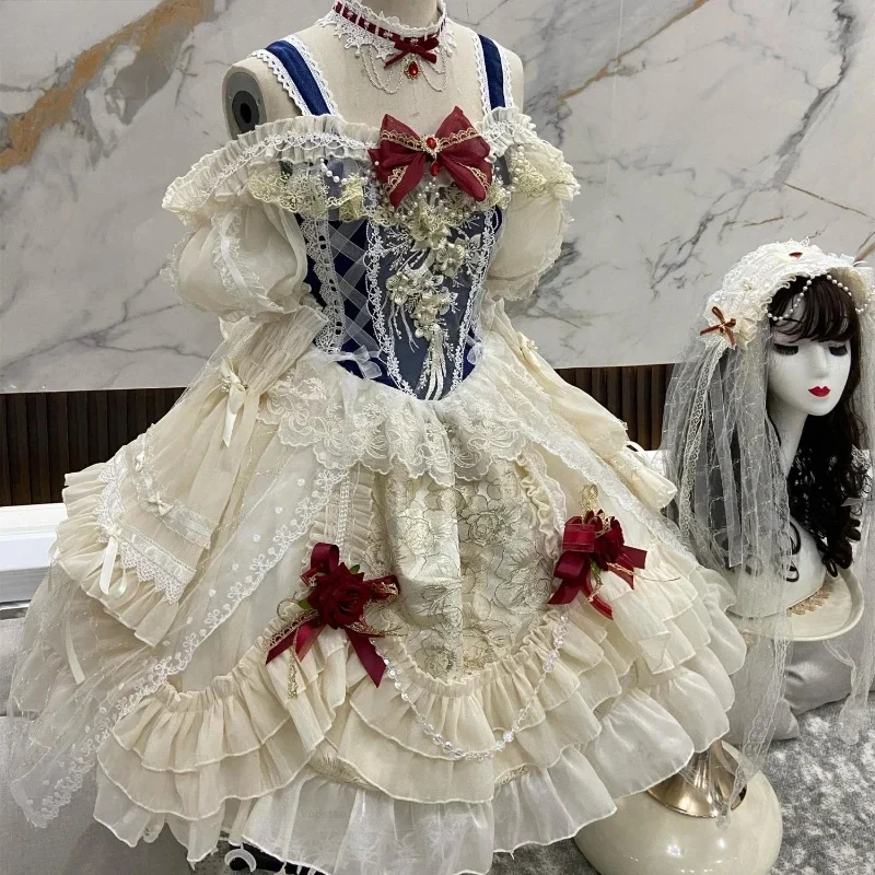 

Japanese Sweet Lolita Princess Dress Women Elegant Vintage Bow Off Shoulder Lace Mesh Pearl Evening Party Dresses Lolita Clothes