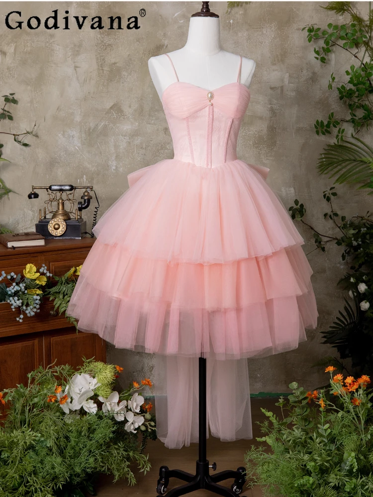 

French Girl New Pink Suspender Princess Evening Dresses Temperament Slash Neck Sweet Lace-up Fashion Age-reducing Fairy Dress
