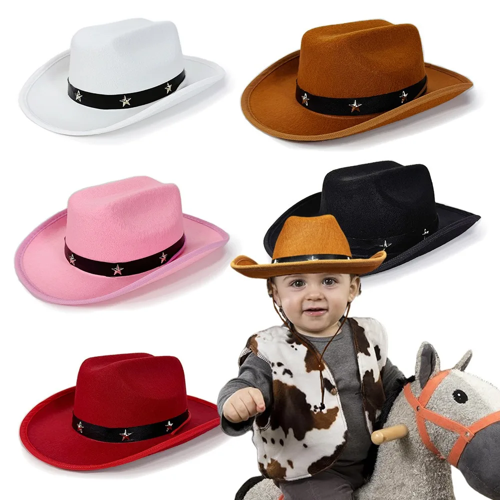 Sombrero de vaquero occidental con remaches de estrella de cinco puntas para niños, fiesta de carnaval, cinturón con remaches de feliz cumpleaños para niños, sombrero de copa de caballero