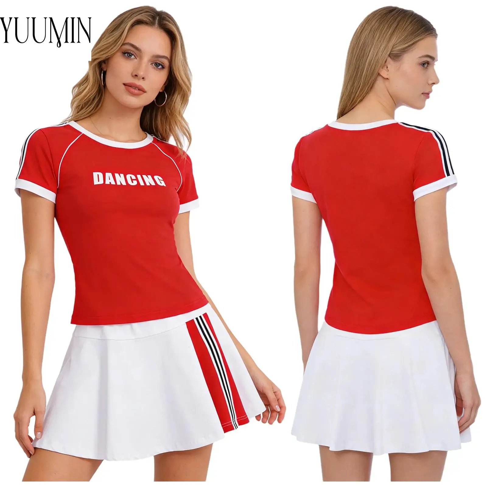 Womens 2-Piece Gymnastics Dance Outfit Sportswear Cheerleading Team Uniform Short Sleeve T-shirt with Side Stripes Skirt Sets