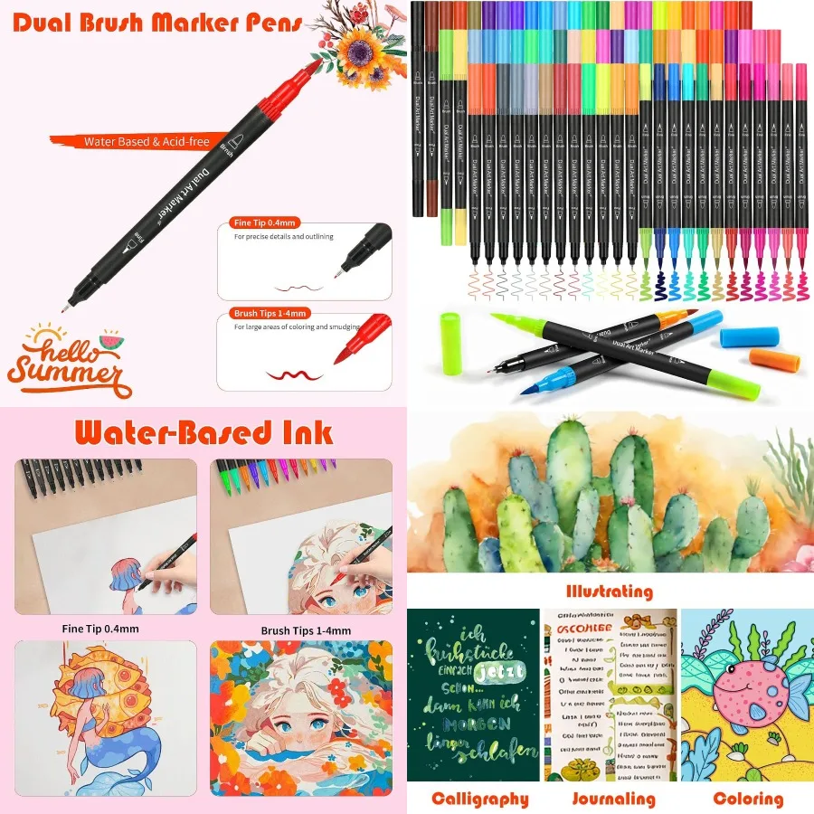 

72-маркеры с двумя кисточками для книг-раскрасок для взрослых с тонкими кончиками идеально подходят для детализации и художественного дизайна.