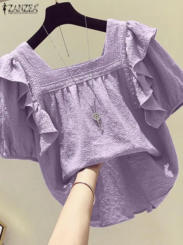 

2024 ZANZEA Fashion Women Summer Ruffles Tops Casual Solid Holiday Blusas Party Shirt Elegant Square Neck Short Sleeve Blouse