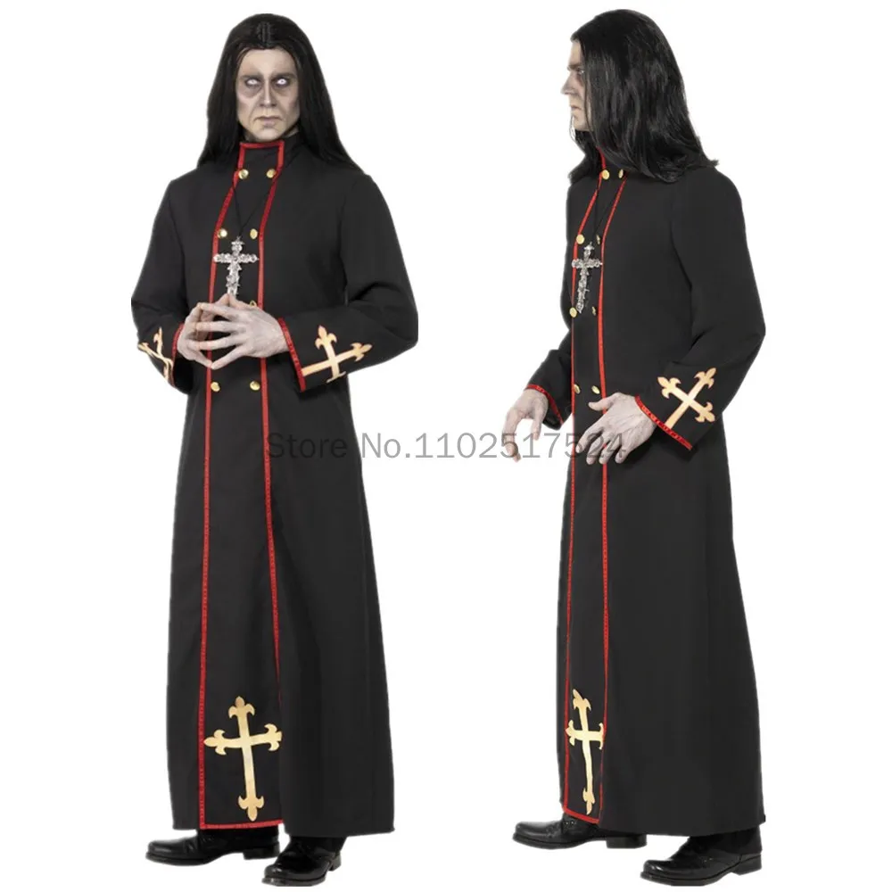 New Halloween Medieval Evil Priest Cosplay Costume For Men Black Christianity Minister Robe Uniform Purim Party Fancy Dress Up