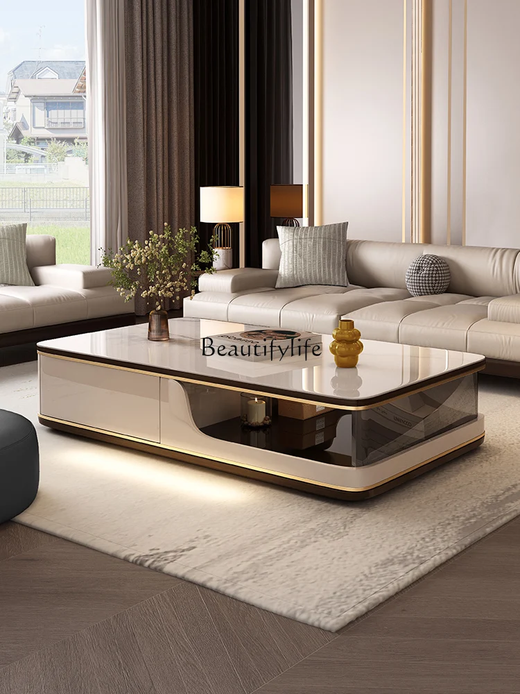 Coffee Table Light Luxury Stone Plate Glass Surface Advanced Design Hollow Tea Table