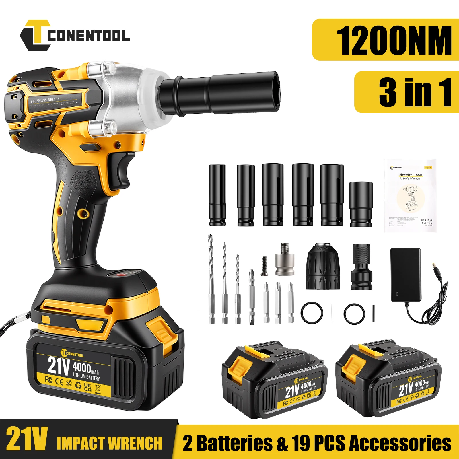 CONENTOOL 1200N clé à chocs sans brosse 1/2 pouces clé électrique sans fil pneus de voiture réparation outil électrique pour Makita 18V batterie broche