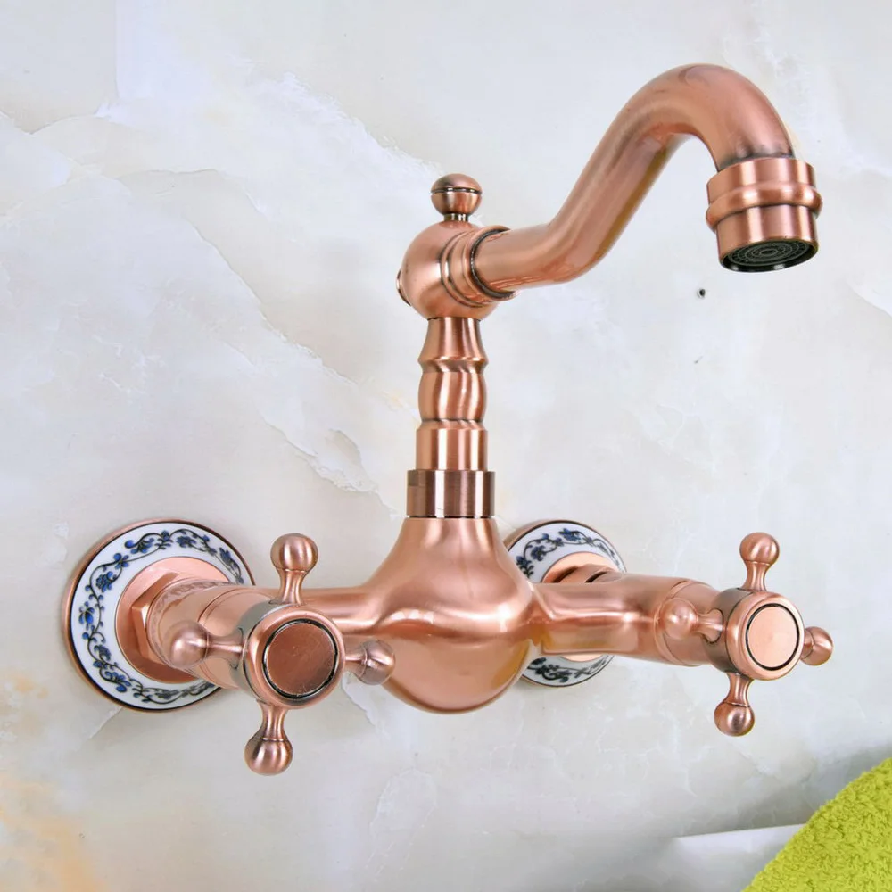 

Antique Red Copper Wall Mounted Basin Faucets Bath Faucets Dual Handle Dual Hole Bathroom Sink Washbasin Water Mixer Tap Bnf941