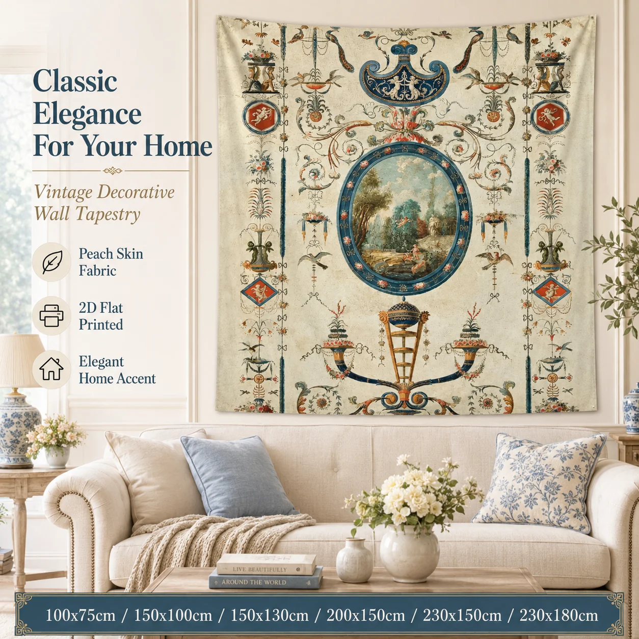 

Vintage European Floral Ornament Tapestry Peach Skin 2D Flat Printed Classic Wall Hanging Art Decor for Living Room Bedroom