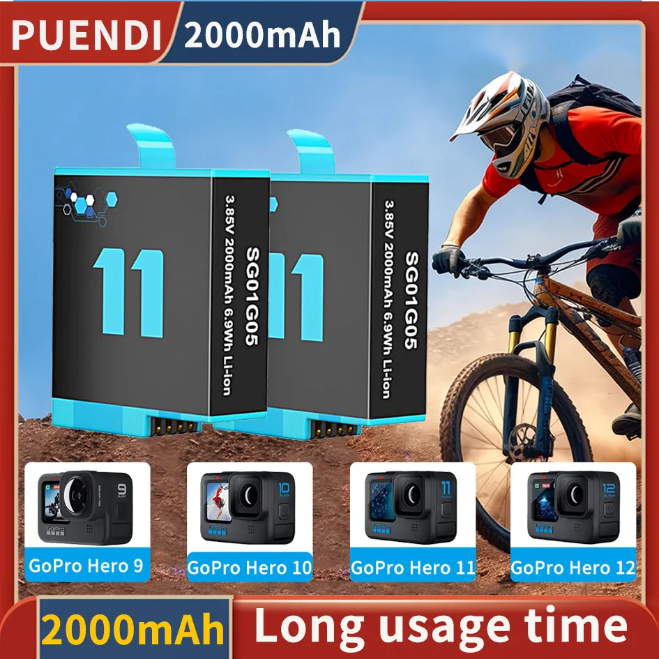 PUENDI 2000mAh GoPro Hero 9 10 11 12 Full Decoding Battery, For GoPro Hero 12 GoPro Hero 11 GoPro Hero 10 GoPro Hero 9 Black Sports Camera Accessories