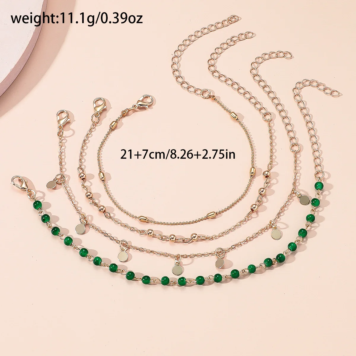 4Pcs/Set Women's Green Glass Round Bead Anklets with Iron Tassel Pendant Fashion Barefoot Chain Jewelry Gift Set for Ladies