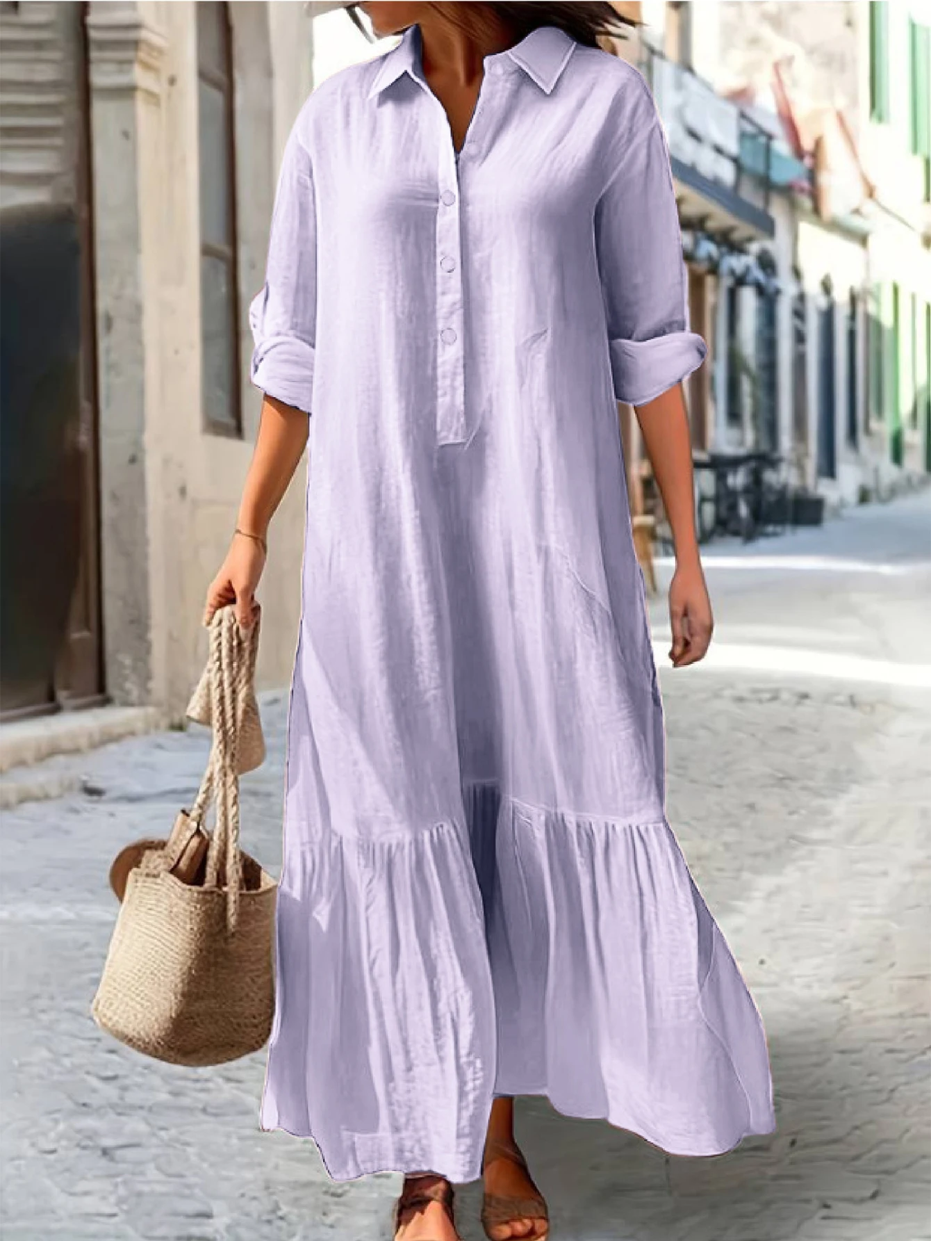 Abito maxi casual da donna con dettaglio bottoni, colletto della camicia a maniche lunghe, vestibilità ampia, tinta unita, abbigliamento autunno inverno