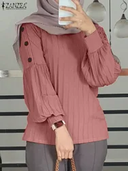 ZANZEA Knitted Ribbed Casual Tops Islamic Hijab Solid Color O Neck Muslim Fashion Blouses Lantern Sleeve Fall 2024 T-shirts