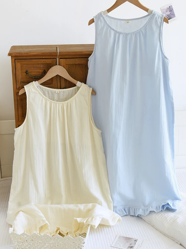 Soft Color Vest Nightgown Women Double Layer Pure Cotton Gauze Summer Thin Cotton Sleepwear Sleeveless Loose Home Clothes