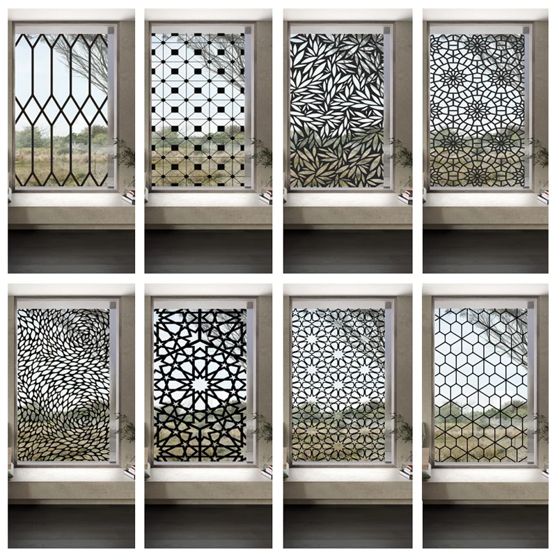 Stained Glass Window Film Transparent Glass Sticker Static Cling Iron Style Black Line Office Door Anticollision Home Decor