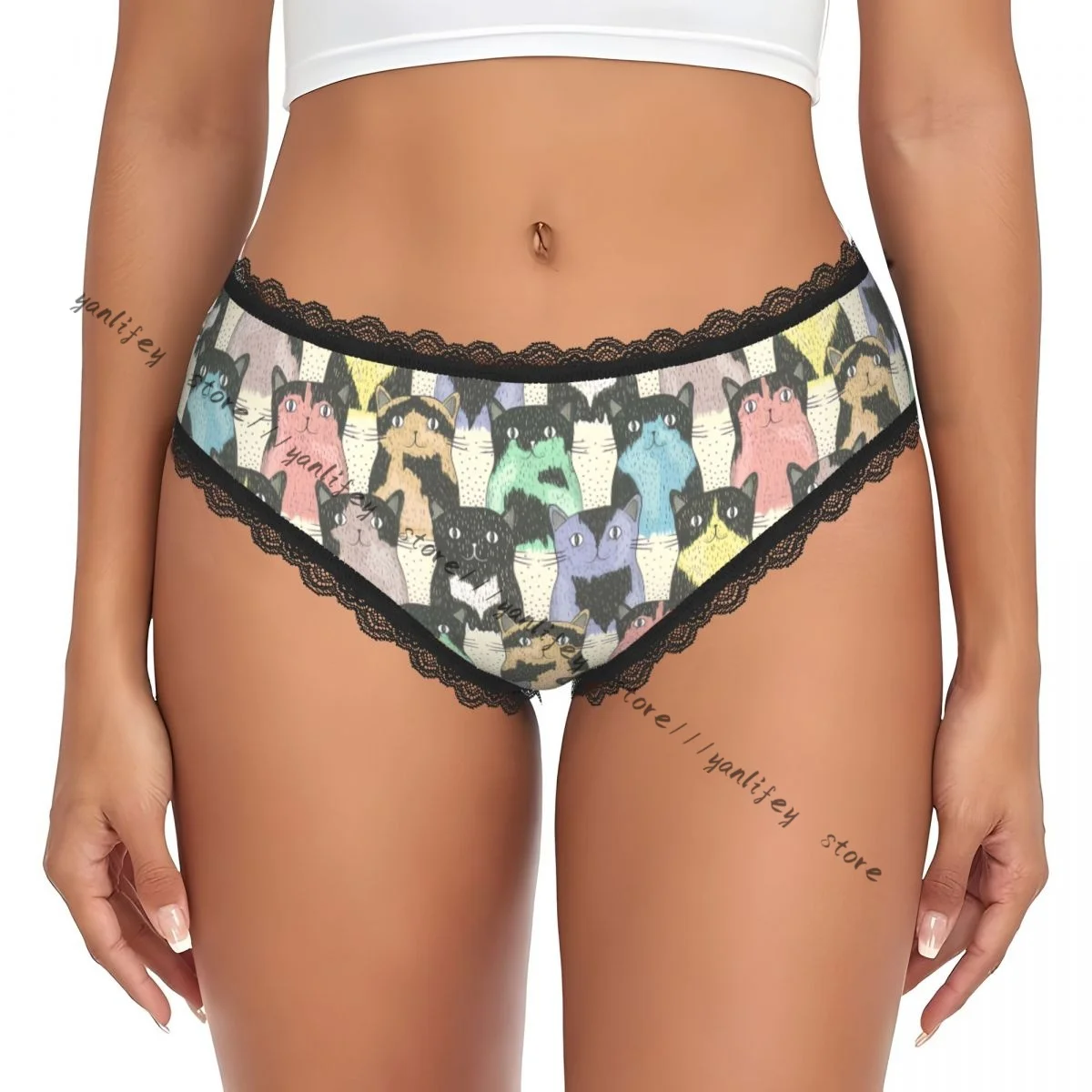 Ladies Elegant Lace Low Waist Panties Cute Cats Sexy Briefs Underwear