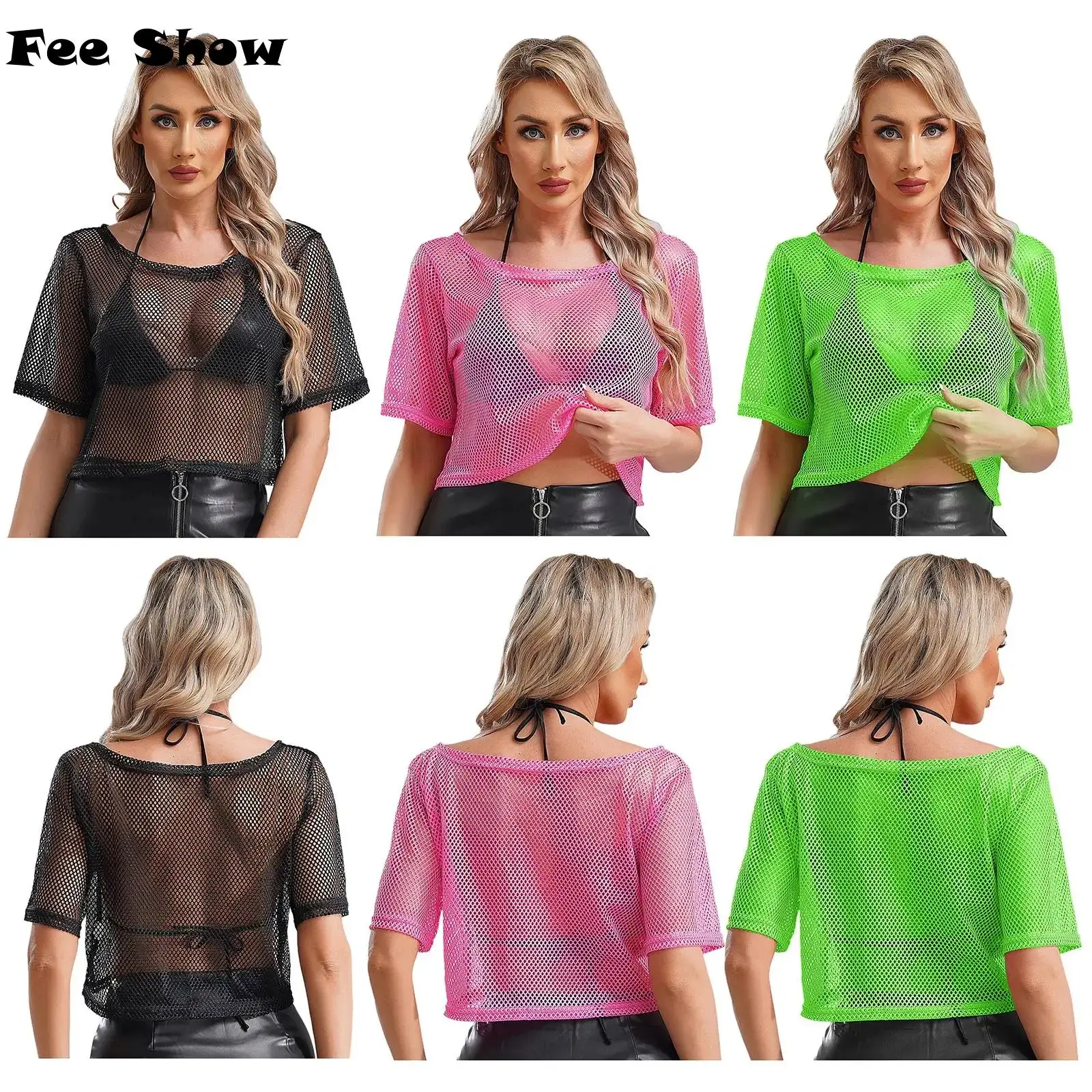 Women Neon 80s Disco Fishnet T-shirt Round Neck Short Sleeve Hollow Out Mesh Crop Top Camisole Cover-up for Dancing Party