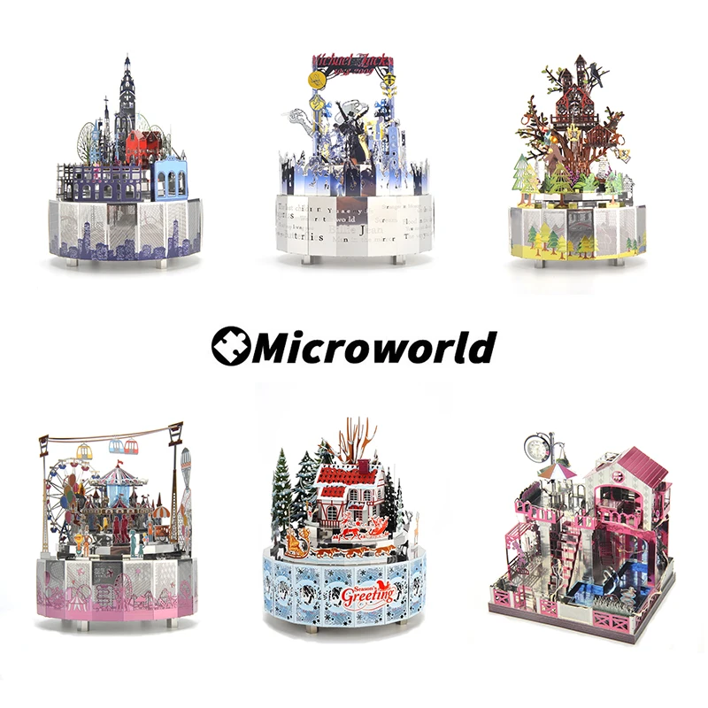 Microworld 3D Metal Rotating Music Box Models Puzzle Kits DIY Laser Cutting Jigsaw Toys Christmas Birthday Gift For Girls Women