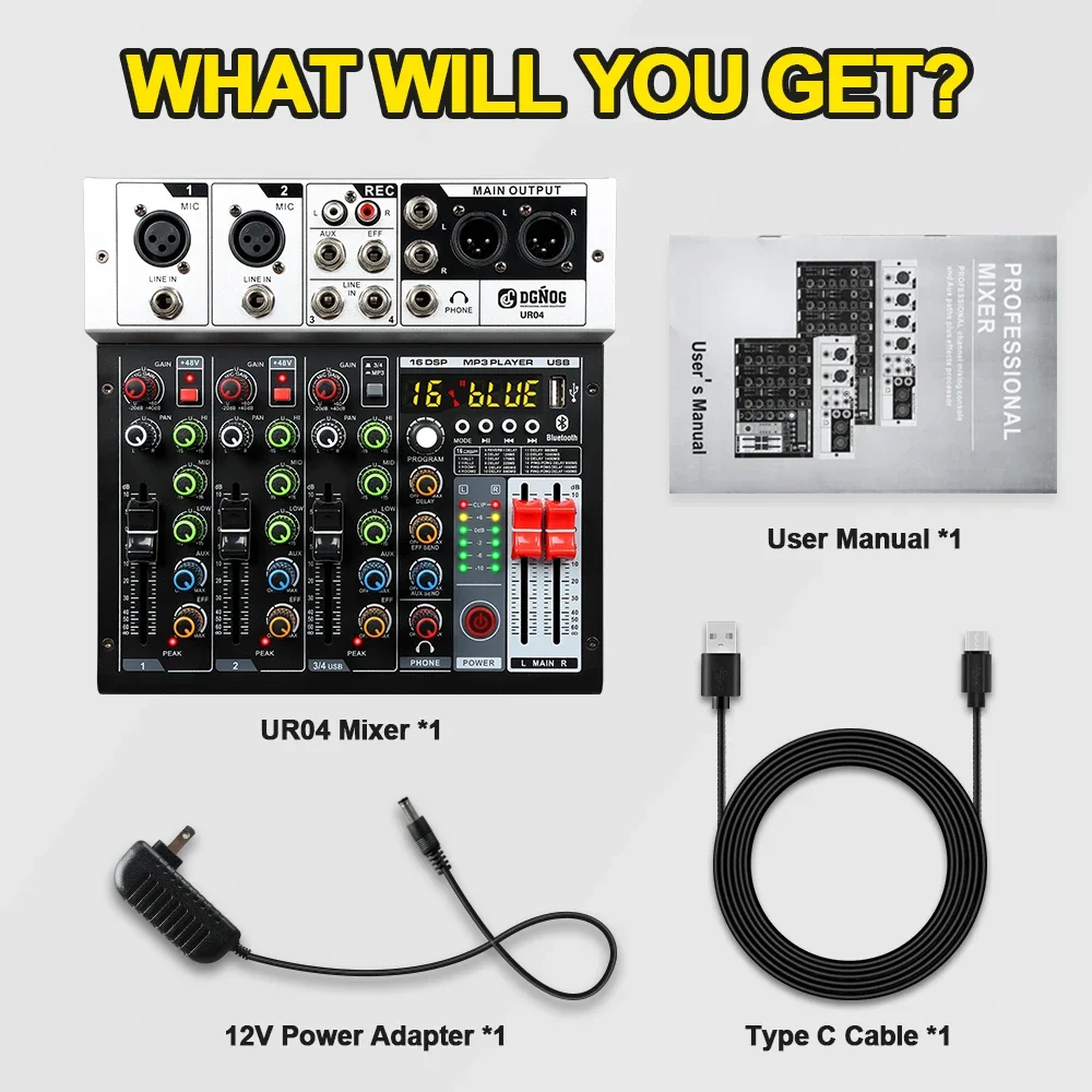 Imagem -06 - Dgnog-audio Mixer com Bluetooth Mixing Console 16 Dsp 48v Phantom Power dj Gravação do Computador Tabela de Som Ur04 Canais