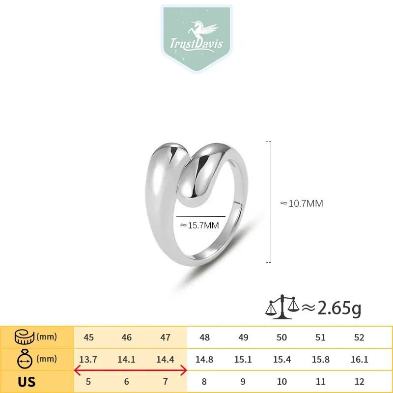 TrustDavis 여성용 실버 링, 심플한 물방울 9825 스털링 실버 칵테일 오프닝 링, 그릴 파티 파인 쥬얼리 DS3939