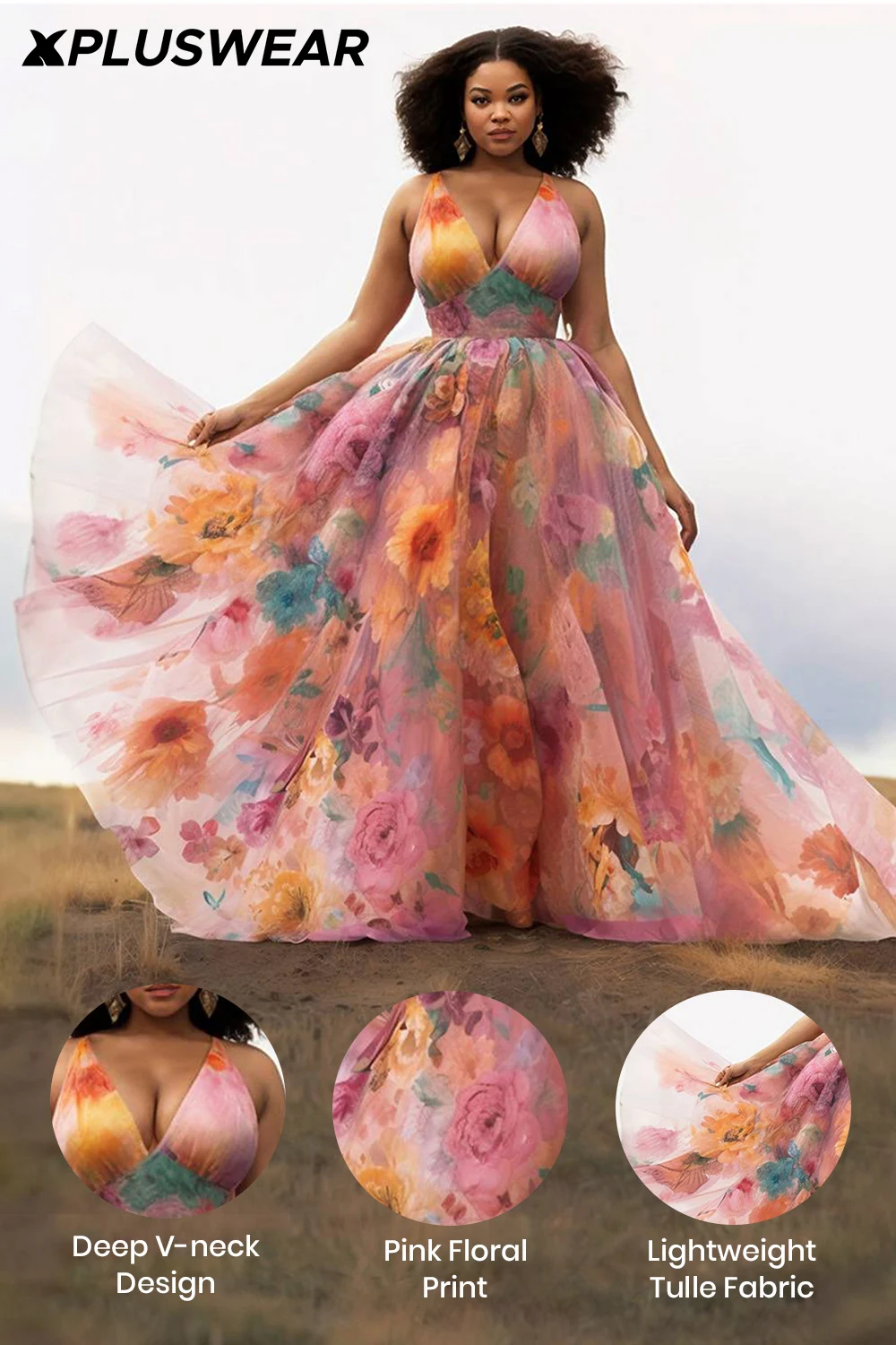 Plus Size Wedding Guest Pink Floral V Neck Tulle Maxi Dresses
