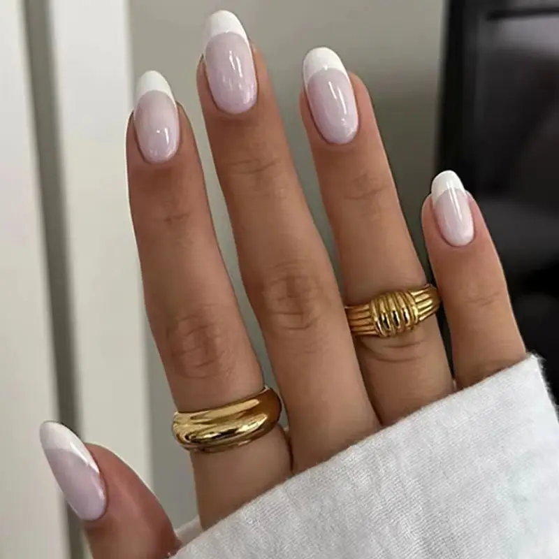 Simple French Classic White Almond Fake Nails Art False Nails Charms Glitter Powder Red Lips Gold Press on Nails Manicure Tools