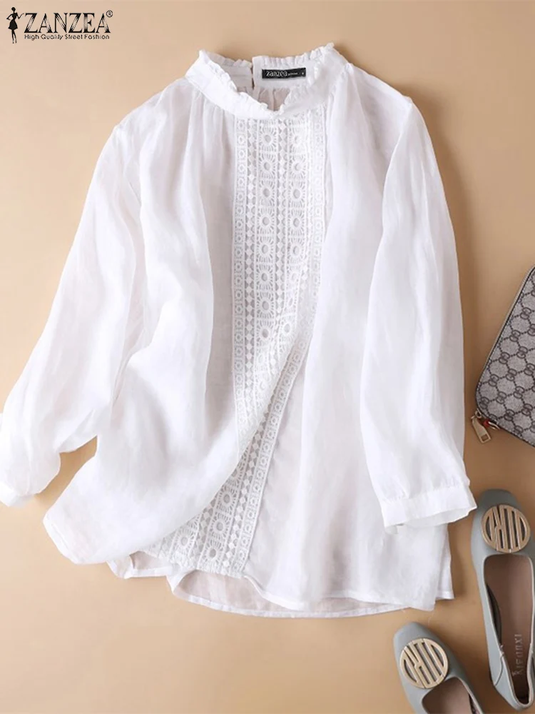 ZANZEA European Style Lace Stitching Blusas 2025 Spring Solid Blouse Women Stand Ruffled Neck Tops Office Lady Casual Chemise