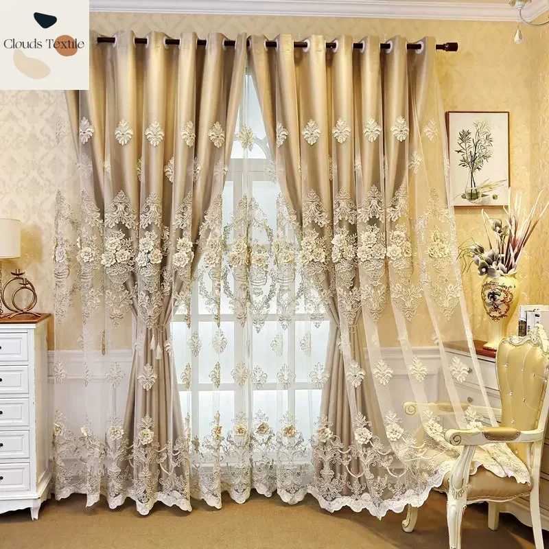 

Golden Double Layer Curtains for Living Room Dining Bedroom Tulle European Embroidered Luxury Villa Windows High Shading Flower