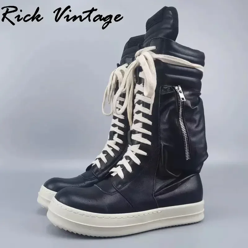 Rick Vintage Men's Motorcycle BootsคุณภาพหนังHigh Street Casualรองเท้าหนารอบToe Lace-Upลูกวัวรองเท้าUnisex