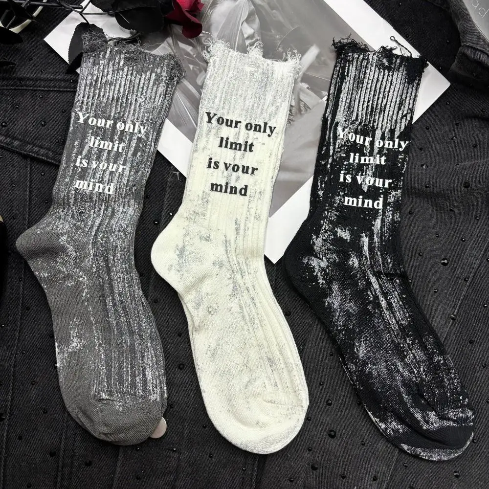 Chaussettes creuses à rayures avec lettre pour femmes, chaussettes mi-mollet, chaussettes tube punk, streetwear de personnalité, unique, déchiré, fille