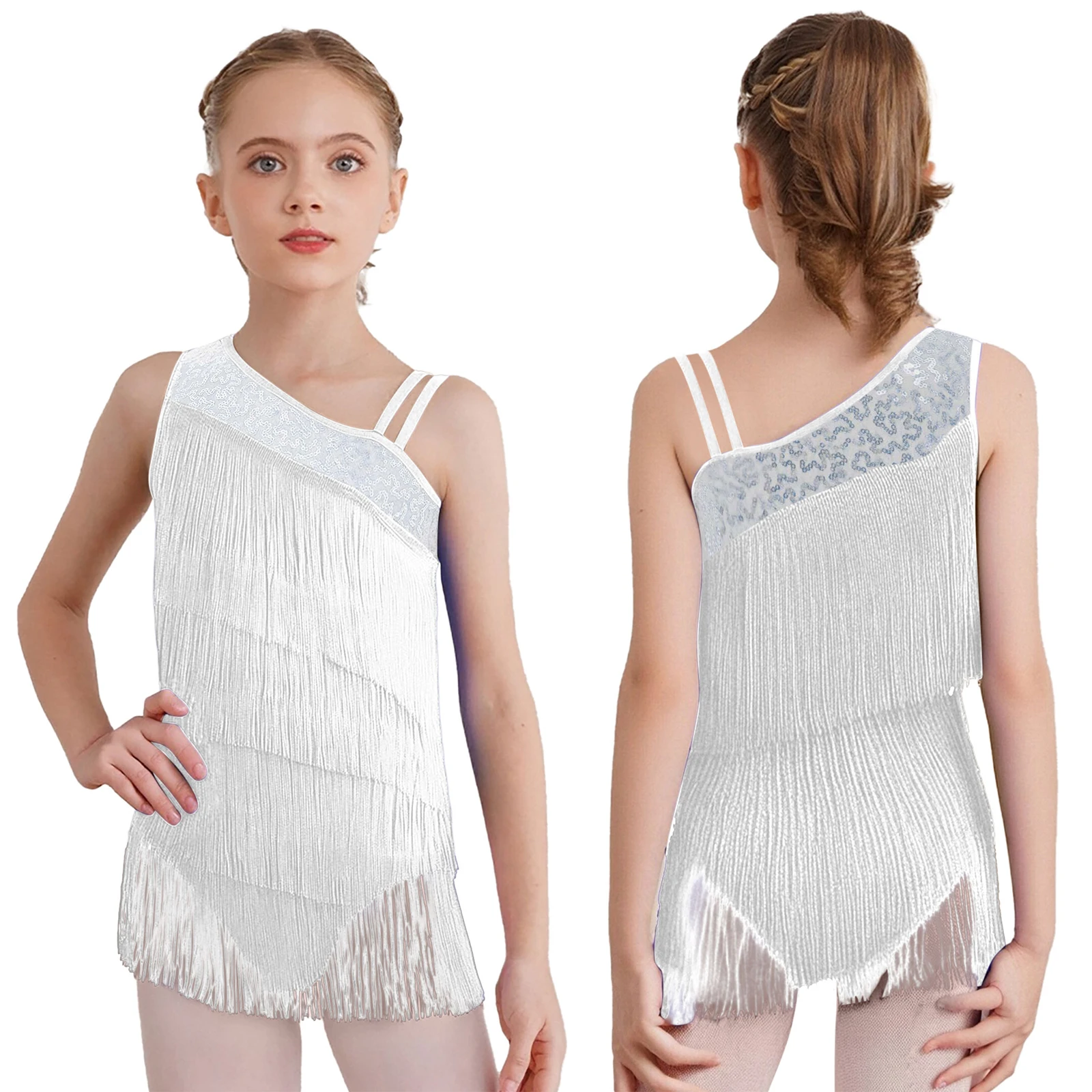 Kids Girls Sleeveless Fringed Bodysuit Moden Latin Jazz Dance Leotard Dress Rhythmic Gymnastics Skating Performance Costumes view 2